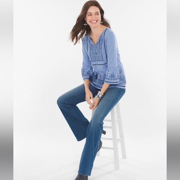 ☑️NWT Chico’s Embroidered Peasant Blouse Tie Tassels 3/4 Bell Sleeve XL 3 - Picture 1 of 9